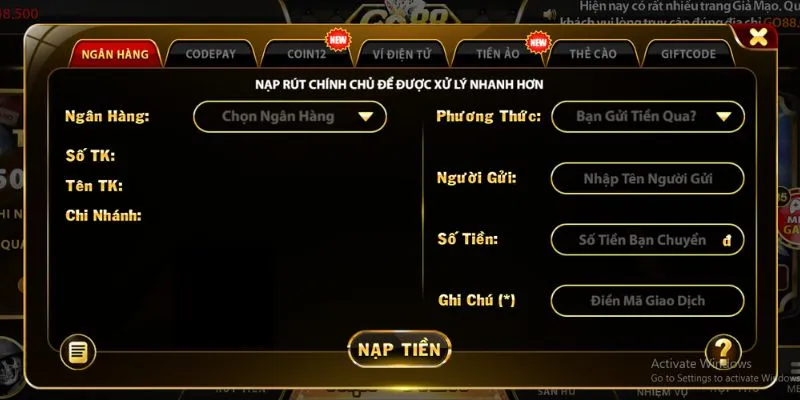 Nạp tiền Go88 IOS thông qua ngân hàng