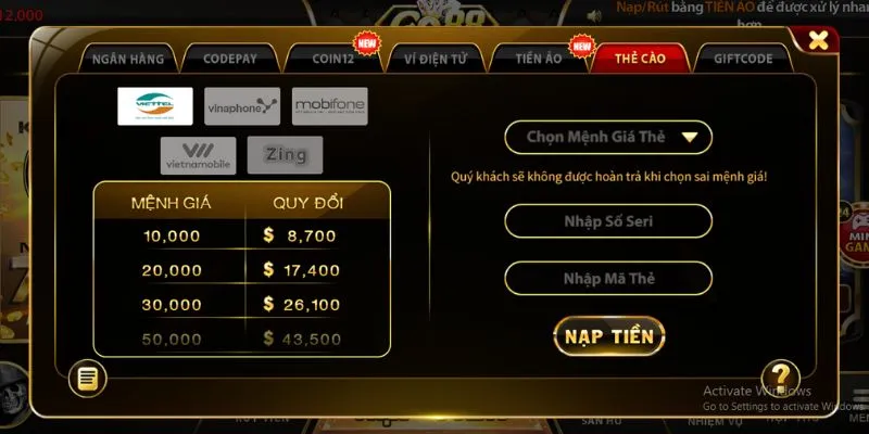 Nạp Go88 IOS bằng thẻ cào điện thoại